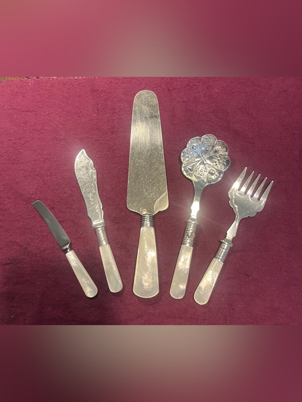 Vintage Sheffield England Mother of Pearl 5-Piece Serving Set • EPNS